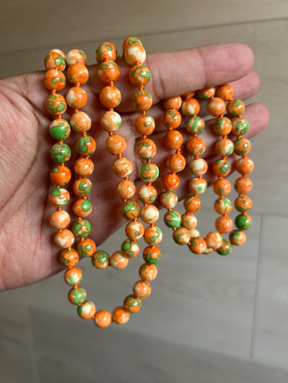 Orange and Green Rain Flower Knotted Beaded Jade Necklace